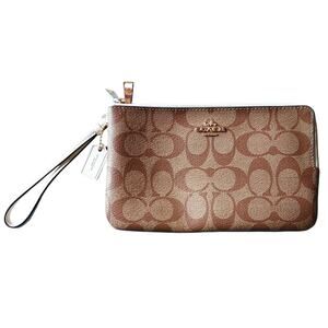 COACH Double Zip Signature Coated Canvas Khaki Tan Ivory Wristlet Wallet 8" X 5"